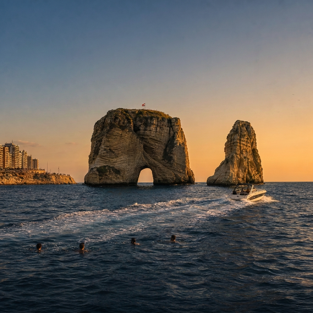 Raouché / Pigeon Rocks, Beirut — swimmers and boats sharing the same water